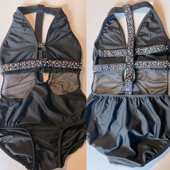 AA dance design costume solo custom black onyx cutout rhinestone mature adult XS - Picture 1 of 11